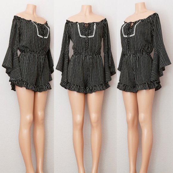 Black Stripe Off Shoulder Bell Sleeves Boho Romper - Picture 7 of 9